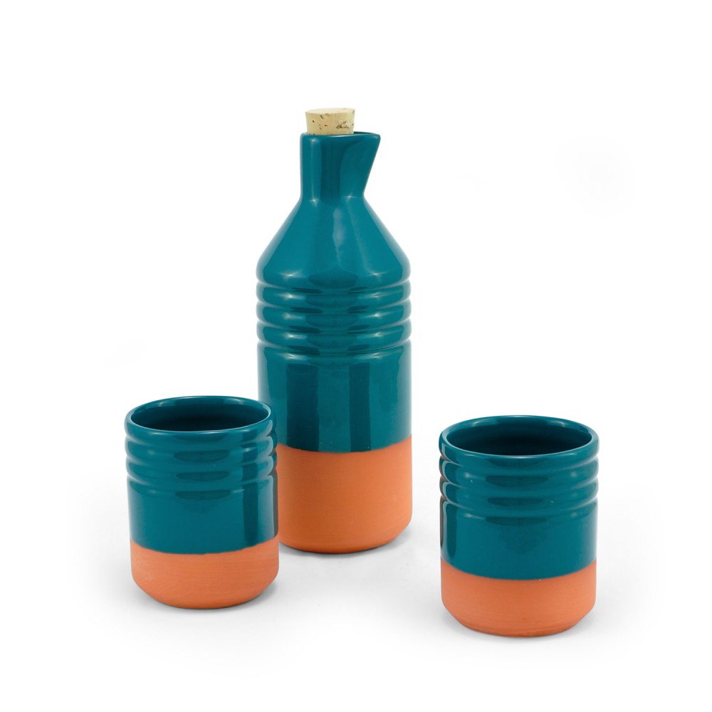 Botella y vasos de barro esmaltados | Cerámica artesanal decorativa hecha a mano