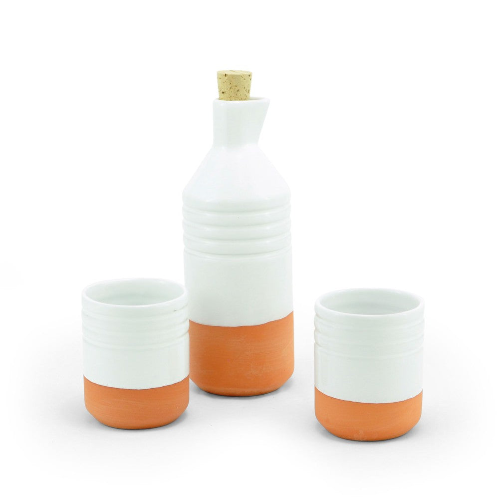 Botella y vasos de barro esmaltados | Cerámica artesanal decorativa hecha a mano